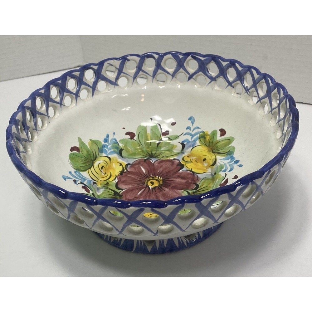 VTG  # Vestal Portugal Hand Painted Floral Design Porcelain Pedestal Bowl Blue